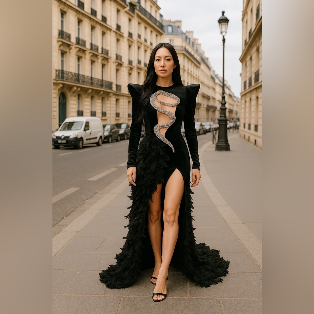 Long-sleeve crystal-embellished high-low velvet dress with feather long train